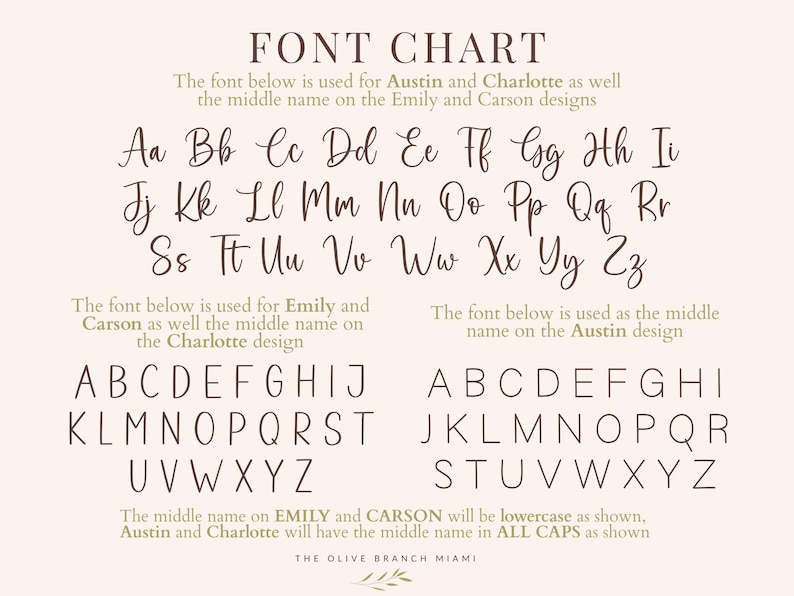 A font chart with examples of different fonts to bee useed in our baby announcement plaques.