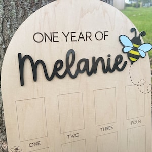 Op de afbeelding: Een boogvormig houten mijlpaalbord met de tekst ONE YEAR OF Melanie in zwarte letters. Een bijengrafiek met blauwe vleugels en gele en zwarte strepen is rechtsboven bevestigd. Daaronder bevinden zich vier rechthoekige fotokaders met de labels ONE, TWO, THREE en FOUR.