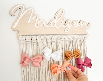 Bow Holder Nursery Decor, Macrame Bow Holder, Gepersonaliseerde Boho Hair Bow Organizer, Baby Girl Haaraccessoires, Muur Hangende Bow Storage,