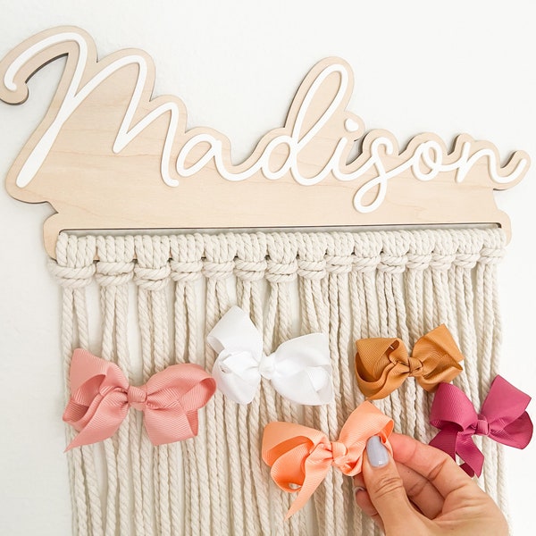 Bow Holder Nursery Decor, Macrame Bow Holder, Personalized Boho Hair Bow Organizer, Baby Girl Hair Accessories, Wall Hanging Bow Storage,