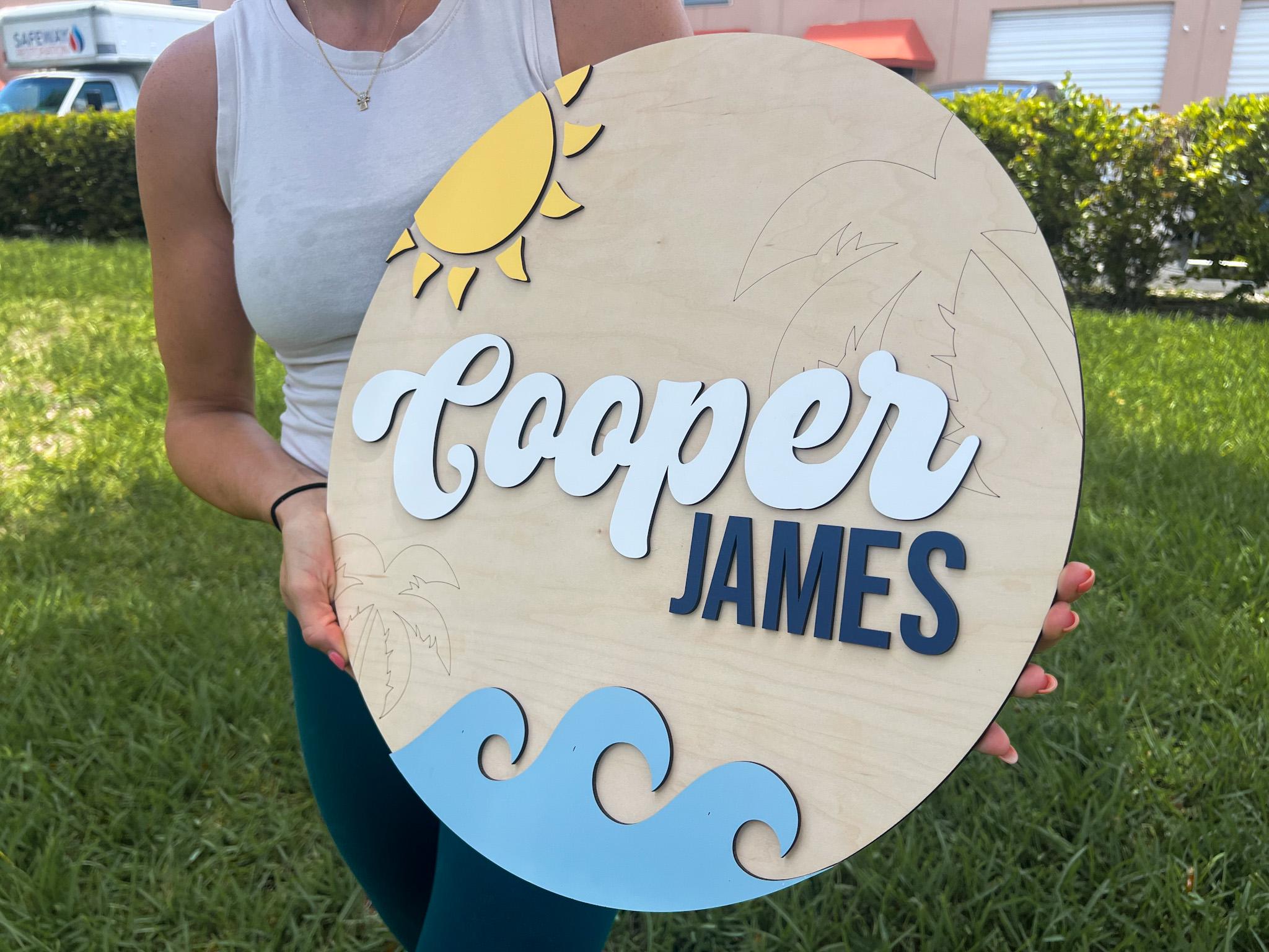Nursery Name Sign, 3D Custom Ocean Wave Name Sign, Round Wood Room Sign ...