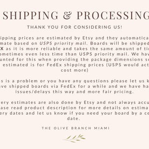 May include: A light pink informational graphic with dark brown text titled SHIPPING & PROCESSING. The text details shipping policies, carrier preferences, and delivery estimates, concluding with the business name THE OLIVE BRANCH MIAMI and a small olive branch icon.
