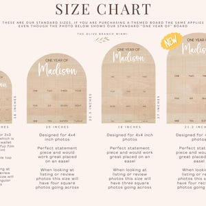 A size chart for photo boards with the text "ONE YEAR OF Madison". The boards are made of light wood and come in various sizes, including 11.5 inches, 20 inches, 18 inches, and 21.2 inches. Each board has spaces for photos.
