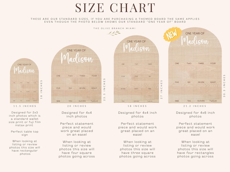 A size chart for photo boards with the text "ONE YEAR OF Madison". The boards are made of light wood and come in various sizes, including 11.5 inches, 20 inches, 18 inches, and 21.2 inches. Each board has spaces for photos.