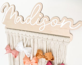 Macrame Bow Holder for Girls Nursery Decor, Personalized Boho Hair Bow Organizer, Baby Girl Hair Accessories, Wall Hanging Bow Storage,
