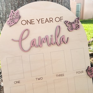 Tablero de fotos de un año, primer cumpleaños de mariposa, letrero para el primer año del bebé, decoración de cumpleaños con jardín encantado de hadas, collage de fotos para el primer cumpleaños