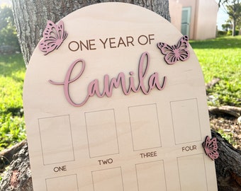 One Year of Photo Board, Butterfly First Birthday, Baby's First Year Sign, Fairy Enchanted Garden Birthday Decor, 1st Birthday Photo Collage