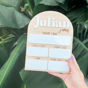 以下が含まれることがあります： 上部に白いアーチが付いた木製成長チャート。チャートには「Julian james」という名前が書かれています。チャートには、子供に関する情報を書き込むための空白のスペースが5つあります。スペースには、「今日は」「とても好き」「嫌い」「できる」「もっと私について」というラベルが付けられています。