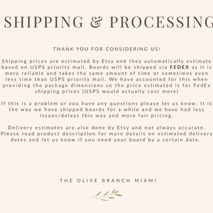 Cream-colored card with text about shipping and processing. The text includes information about shipping via FedEx, estimated delivery times, and contact information. The Olive Branch Miami is at the bottom.