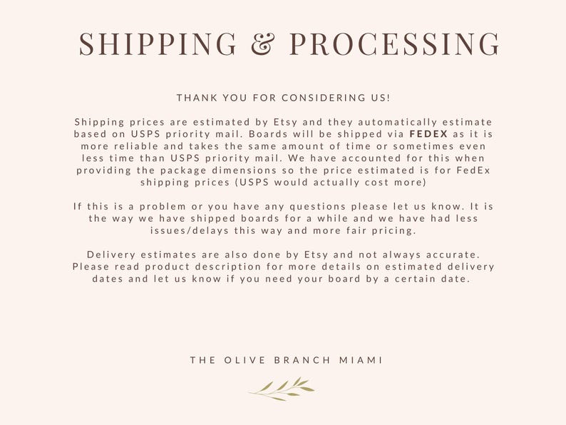 Cream-colored card with text about shipping and processing. The text includes information about shipping via FedEx, estimated delivery times, and contact information. The Olive Branch Miami is at the bottom.