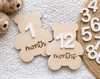 Teddy Bear Monthly Milestone Marker, Interchangeable Month Baby Bear Milestone cards, Monthly Wooden Milestone Discs, Baby Photo Signs