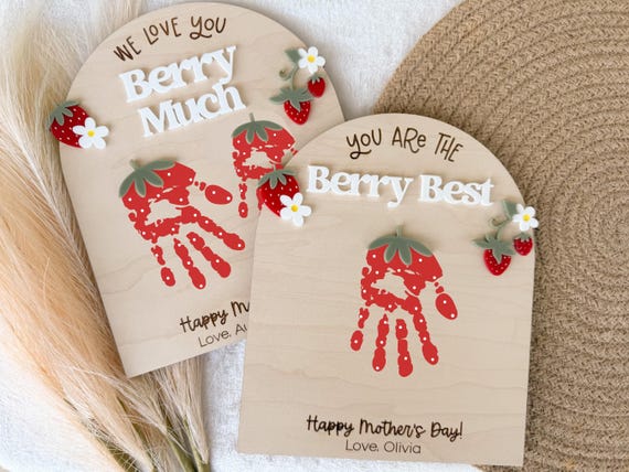 First Mother's Day Gift From Child, Strawberry Handprint Board, DIY Kids Footprint Sign, Keepsake Gift For Baby's First Mother's Day Craft