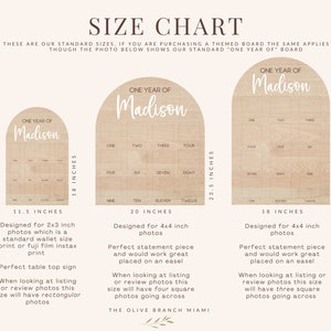 Op de afbeelding: Een maattabel voor drie boogvormige houten borden met het label ONE YEAR OF Madison. De borden meten 29,2 bij 45,7 cm, 50,8 bij 59,7 cm en 45,7 bij 68,6 cm. Elk bord heeft een raster voor foto's met tekstlabels voor de maanden &eacute;&eacute;n tot twaalf.