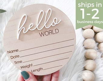 Hello World Baby Announcement Sign, Hello World Plaque, Gender Neutral Baby Name Sign, Newborn Birth Announcement Sign for Hospital