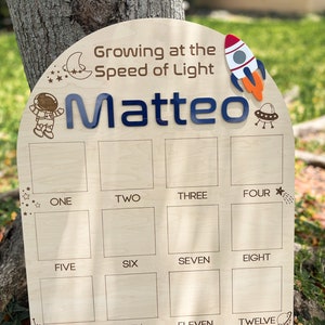 Pu&ograve; includere: Un grafico di crescita in legno a tema spaziale. Presenta un razzo, un astronauta, stelle e il testo "Growing at the Speed of Light Matteo". Il grafico ha 12 caselle vuote per registrare le misure di altezza.