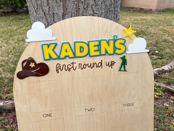 One Year Of First Birthday Photo Board, First Round Up Toy Theme First Birthday, 1st Birthday My First Rodeo Party, Cowboy Spaceranger