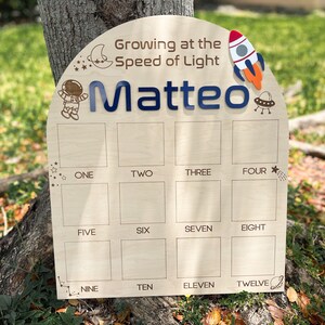 Pu&ograve; includere: Un grafico di crescita in legno a tema spaziale. Presenta un razzo, un astronauta, stelle e una luna crescente. Il grafico ha 12 spazi numerati per registrare l'altezza di un bambino. Il testo "Growing at the Speed of Light Matteo" &egrave; in cima al grafico.