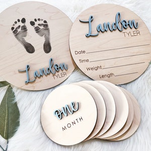 Enseigne de faire-part de bébé, faire-part de naissance empreinte, nom de bébé pour l'hôpital, jalon du mois, cadeau de baby shower personnalisé en bois 3D