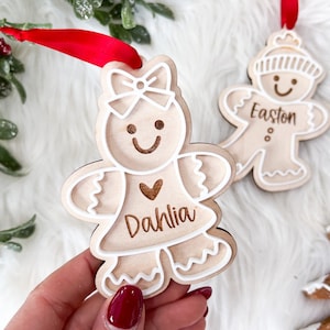Gingerbread Ornament with Kids Name, Personalized Family Christmas Ornament, Boy Girl Personalized Gingerbread Tag, Custom Wooden Ornament