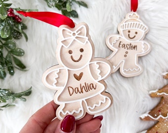 Gingerbread Ornament with Kids Name, Personalized Family Christmas Ornament, Boy Girl Personalized Gingerbread Tag, Custom Wooden Ornament