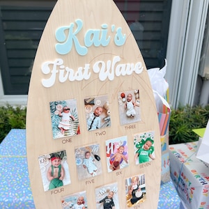 Tabla de surf con foto de un año, cartel del primer año del bebé, fiesta del primer año, decoración de cumpleaños de la primera ola, cartel con foto del primer cumpleaños con temática del océano