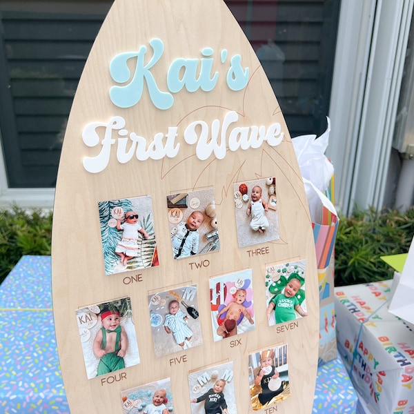 One Year of Photo Surf Board, Baby's first year sign, The Big One Party,  First Wave Birthday Decor, 1st Birthday Ocean Theme photo sign