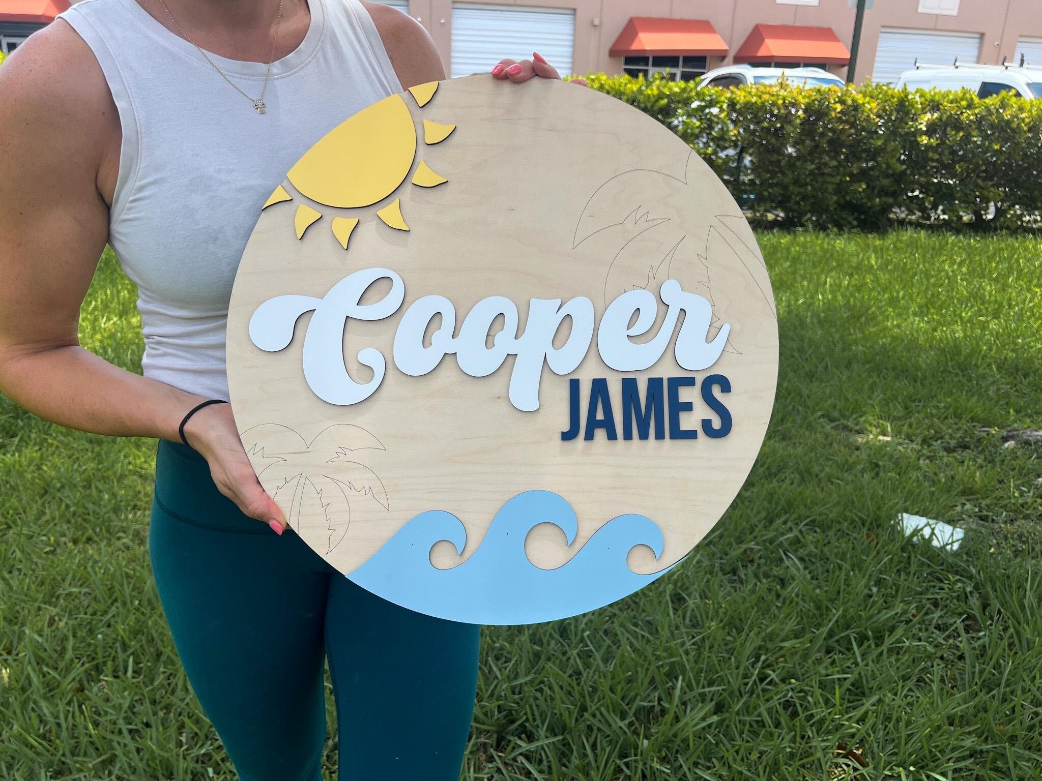 Nursery Name Sign, 3D Custom Ocean Wave Name Sign, Round Wood Room Sign ...