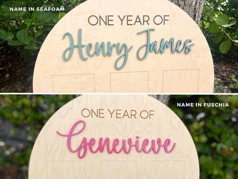 Wooden birthday photo board with the text "ONE YEAR OF" and a name in teal or fuchsia. Showing a close up of the arch with engrave One Year Of and the child's name in a variety of colors.