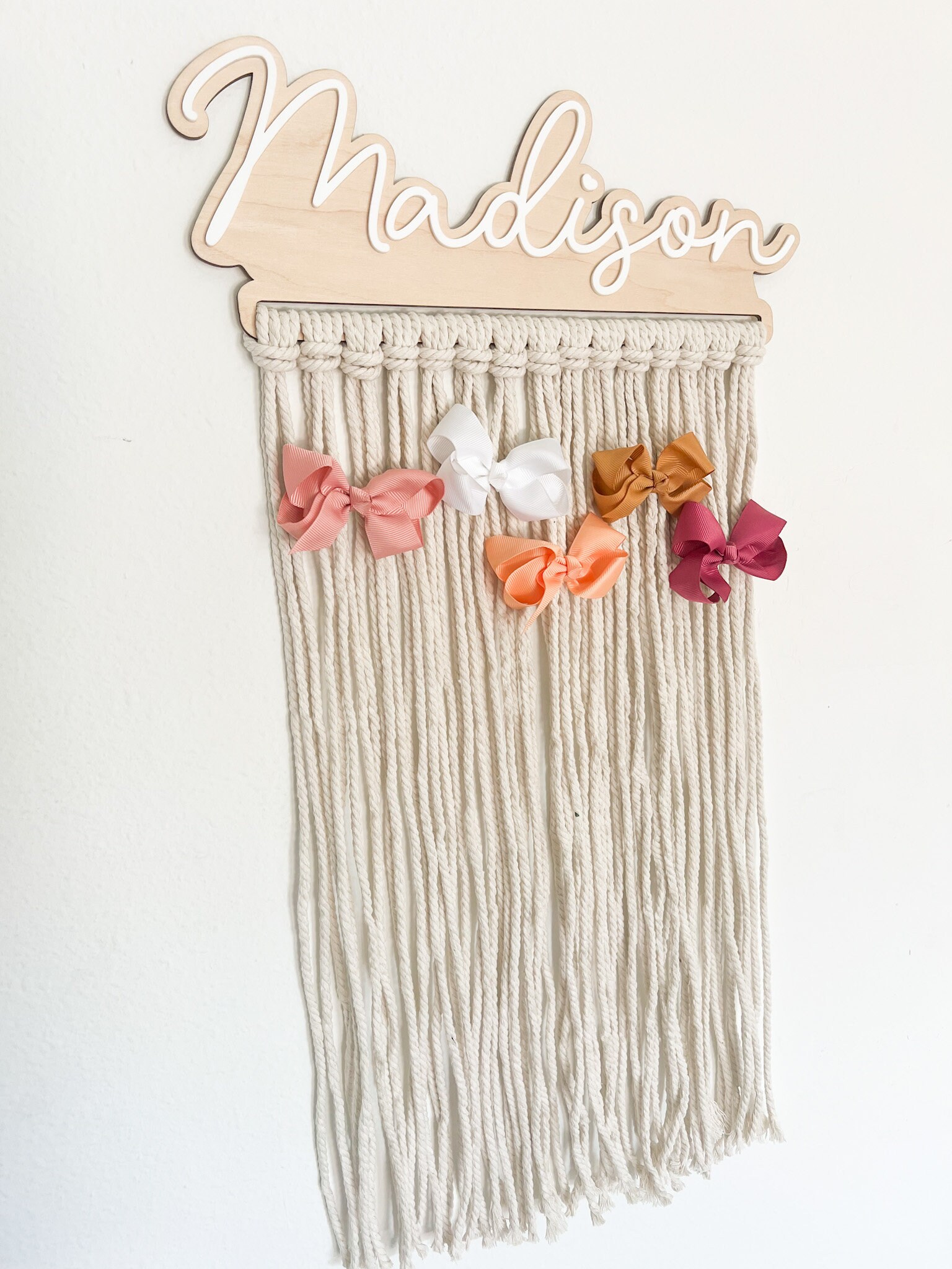 Baby Bow Organizer for GirlsHair Bows, Clips & Headbands - Beautiful Boho Macrame Baby Bow Holder for Baby Girl with Sturdy Circular Brass Frame 