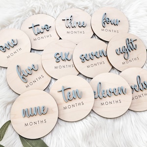 Cartes d'étape mensuelles pour bébé, panneaux photo 12 mois bébé, disques jalons en bois mensuels, cadeau de baby shower, panneau du mois de bébé en bois 3D