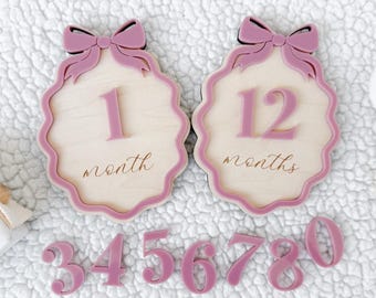 Señales mensuales para hitos de bebé, tarjetas con lazo para niñas, accesorios para fotos mensuales de bebé, placas para hitos de bebé, set de hitos para niña