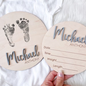 Baby Announcement Sign, Newborn Announcement Sign, Baby Name Footprint board, Newborn Footprint Name Sign for Hospital, Baby Info Birth Sign image 1