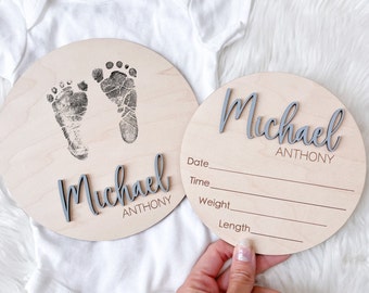 Baby Announcement Sign, Newborn Announcement Sign, Baby Name Footprint board, Newborn Footprint Name Sign for Hospital, Baby Info Birth Sign