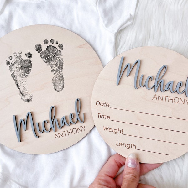 Baby Announcement Sign, Newborn Announcement Sign, Baby Name Footprint board, Newborn Footprint Name Sign for Hospital, Baby Info Birth Sign