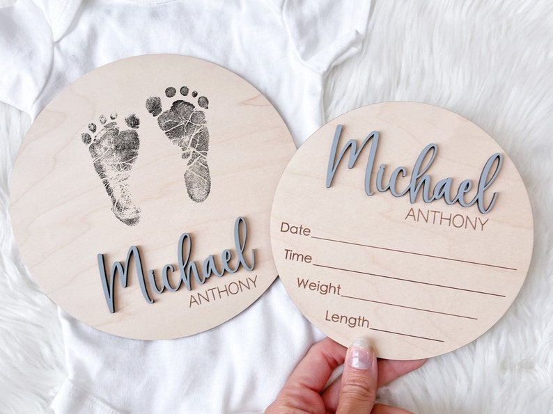 Baby Announcement Sign, Newborn Announcement Sign, Baby Name Footprint board, Newborn Footprint Name Sign for Hospital, Baby Info Birth Sign image 1