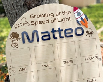 Lavagna fotografica per il primo anno di vita, festa di compleanno nello spazio, lavagna fotografica mensile per il primo compleanno a tema spaziale, esposizione fotografica del primo viaggio intorno al Sole nella galassia
