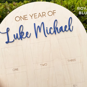 Large wooden birthday board.  Thee personalization is a 3D name done in royal blue.
