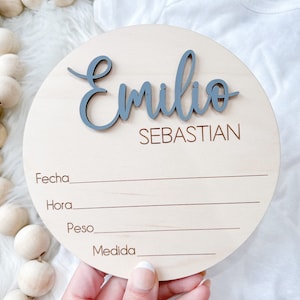Spanish Baby Name Announcement Sign, 3D Hospital Name Wood Sign, Birth Stats Announcement Sign, Newborn Photo Prop, Engraved Baby Name Sign