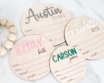 Aankondigingsteken babynaam, 3D houten bord ziekenhuisnaam, aankondiging geboortestatistieken, pasgeboren fotorekwisiet, gegraveerd babynaambordje,
