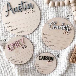Personalized baby stats rounds.  Showing the baby announcement round in 4 different sizes, different fonts and different colors.