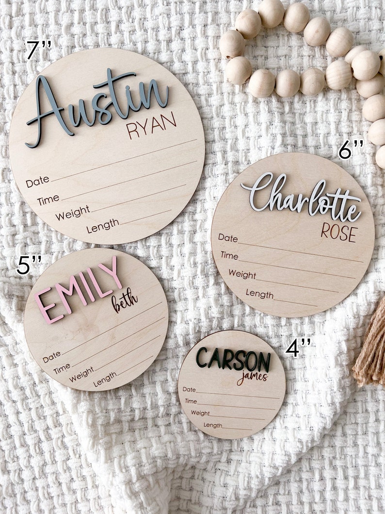 Personalized baby stats rounds.  Showing the baby announcement round in 4 different sizes, different fonts and different colors.