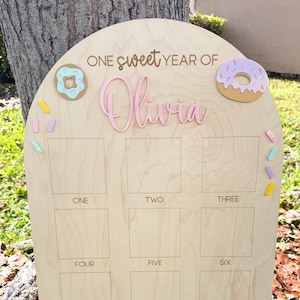 Tablero de fotos para un dulce año, fiesta de cumpleaños con donas, tablero de fotos mensual para el primer cumpleaños con temática de dulces, exhibición de fotos del primer año de un dulce año