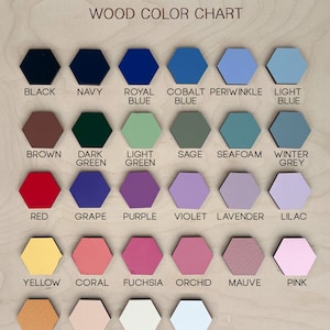 Our wood color chart showing all the colors available for our personalized baby announcement plaques.