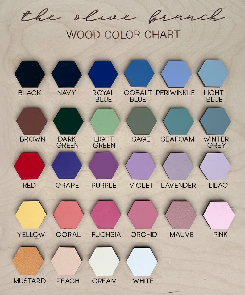Our wood color chart showing all the colors available for our personalized baby announcement plaques.