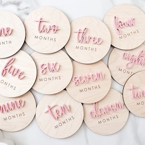 Monthly baby milestones wood rounds.  Perfect props to document baby growth