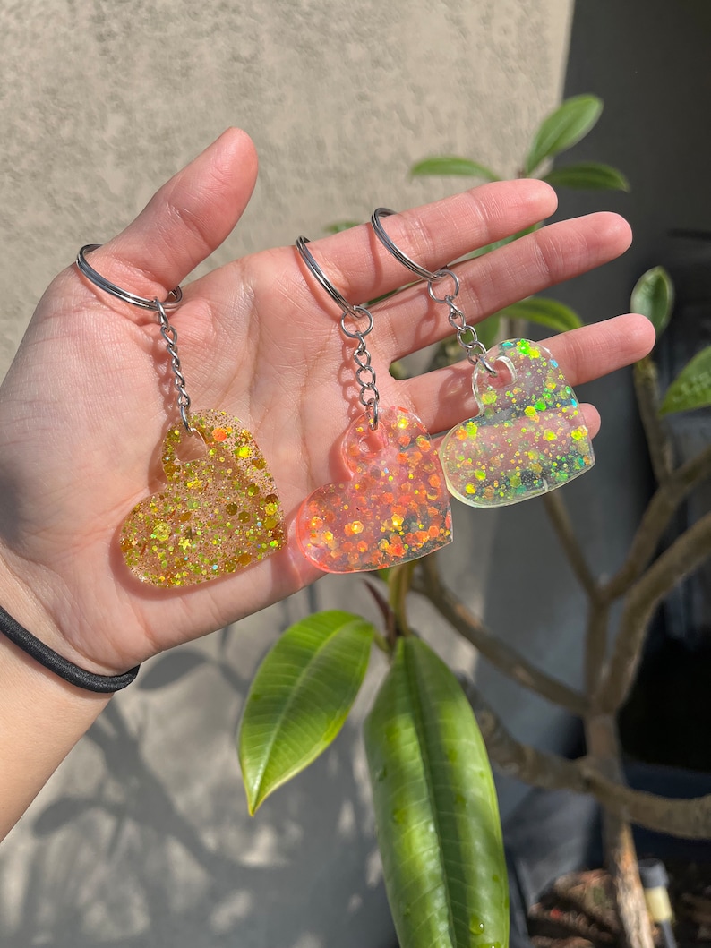 Glitter Heart Keychain Sparkly Heart Keychain Epoxy Resin Keychain