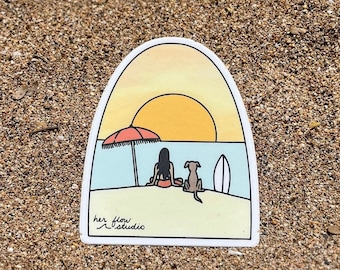 Surfer Girl Aufkleber | Sonnenuntergang Aufkleber | Surfbrett Aufkleber | Hundeaufkleber | Surfer Geschenk | Strand Aufkleber | Surfen Sie Aufkleber | STICKER HUND STRAND