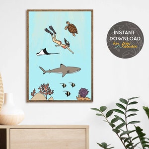 PRINTABLE Diving Art | Diver Print | Freediver Gift | Diving Printable | Coral Reef Art | Shark Lover | Turtle Lover Gift | TROPICAL DIVER