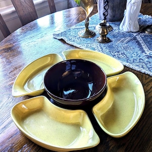 California Pottery Speckled Yellow RelishTray Set - 1950’s - MCM Atomic Appetizer Trays