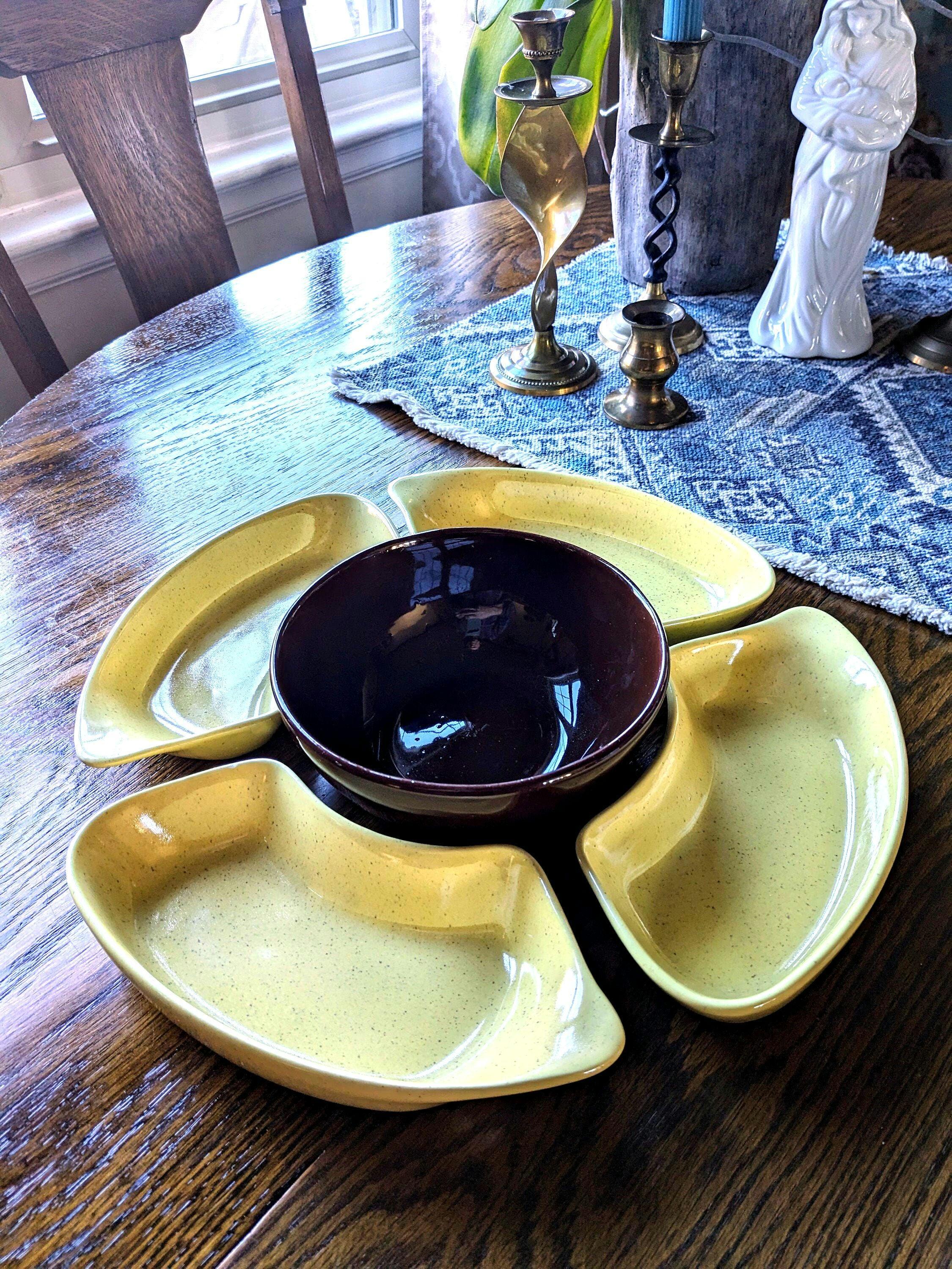 California Pottery Speckled Yellow Relishtray Set 1950's MCM